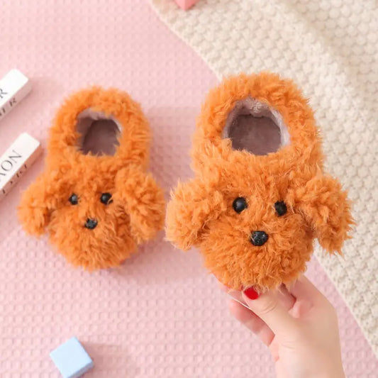 Cute Teddy Dog Fur Slippers for Kids' Indoor Use